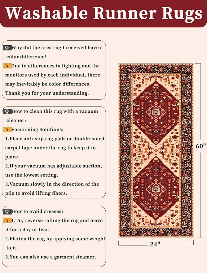 SERISSA Boho Washable Runner Rug, 2x5 Rug Runner Non-Slip Vintage Red Black Hallway Kitchen Runner Rug Ultra Soft Print Distressed Floor Carpet Runner for Bedroom Bathroom Laundry Living Room