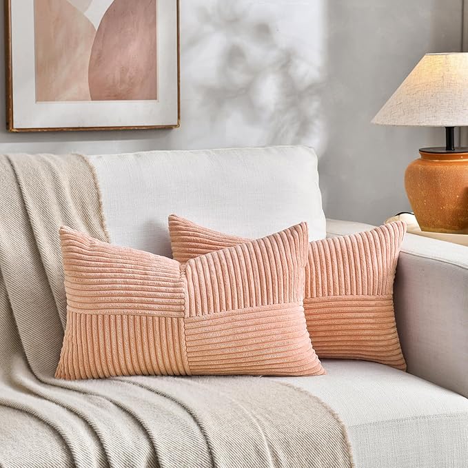 Fancy Homi 2 Packs Peach Long Lumbar Decorative Throw Pillow Covers 16x24 Inch for Couch Bed Sofa, Rustic Farmhouse Boho Home Decor, Soft Striped Corduroy Rectangle Accent Cushion Case 40x60 cm