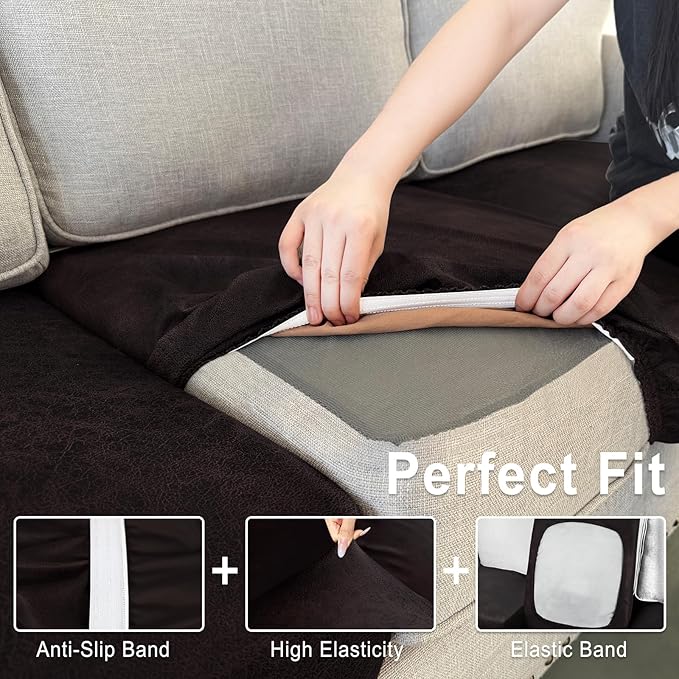 Leather Look Couch Cushion Covers Sofa Seat Slipcovers Sets Couches Furniture Protector for Sectional Armchair Loveseat Pets Kids Stretch Spandex Fabric (1 Cushion XL Sofa, Chocolate)