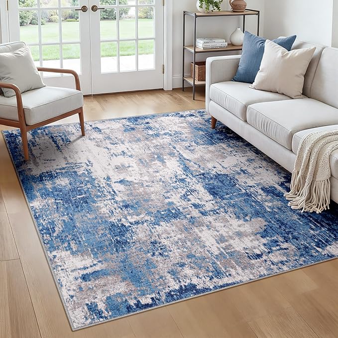 Washable Area Rugs Square 6ft Non-Slip Modern Abstract Soft for Living Room Entryway Bedroom Nursery, Print Pattern, Blue Grey Navy Gray