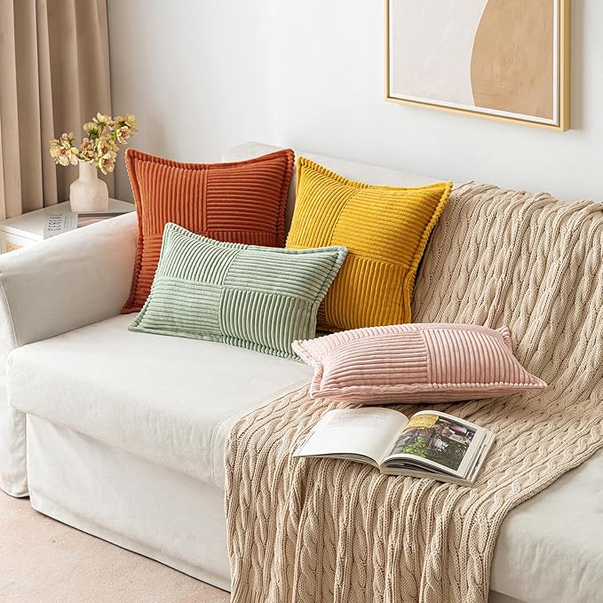 MIULEE Rust Decorative Throw Pillow Covers for Couch Bed Livingroom 18x18 Inch Set of 2 Boho Accent Throw Pllows Broadside Striped Patchwork Soft Corduroy Pillowcases