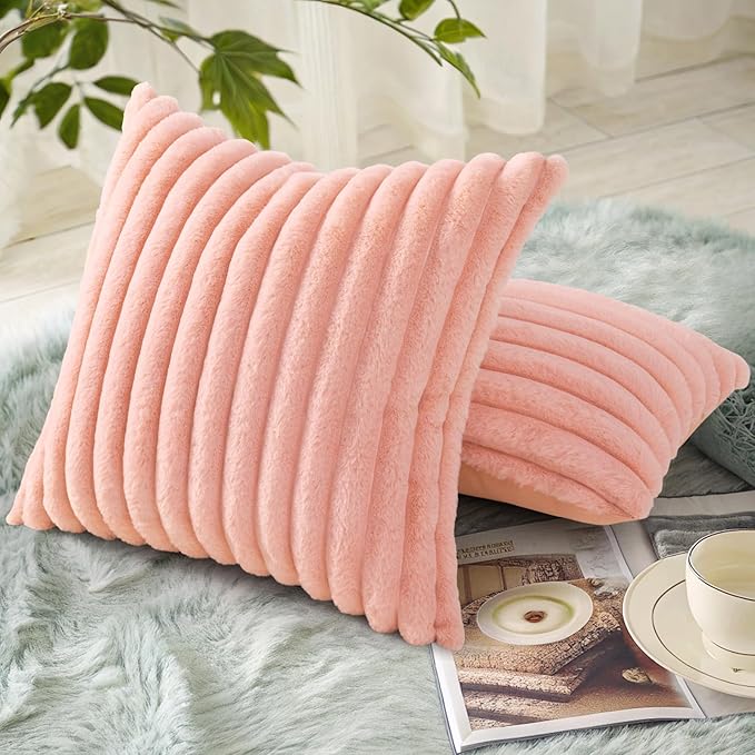 decorUhome Summer Cozy Faux Fur Throw Pillow Covers 24x24 Set of 2 Decorative Plush Striped Modern Farmhouse Boho Couch Euro Sham Pillow Cases with Velvet Back for Sofa Bed Living Room, Blush Pink