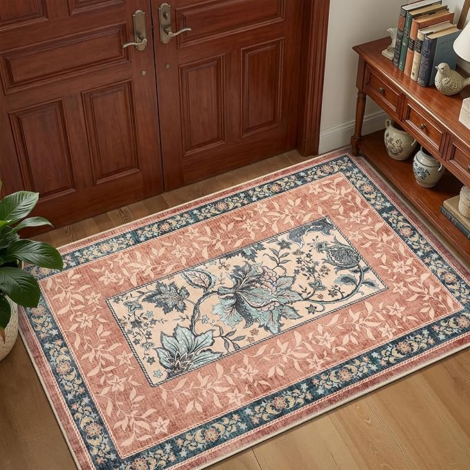 GarveeHome Terracotta Teal Area Rugs 9x12 Living Room, Botanical Grove Cottage core Washable Non-Slip Rug for Bedroom Dining Nursery Low-Pile Vintage Large Soft Carpet