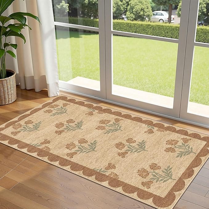 Front Door Mat Indoor Entrance - 2x4.3 Ft Tan Floral Washable Layered Doormat Outdoor Entrance Porch Rug Non-Slip Neutral Country Jute-Look Runner Rug for Kitchen Mud Laundry Room Porch Decor