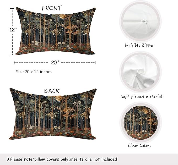 Rustic William Morris Inspired Forest Moon Pillow Covers 12x20 Set of 4,Vintage Botanical Nature Landscape Decorative Throw Pillow Covers for Home Bedroom Living Room,Fall Home Room Decor