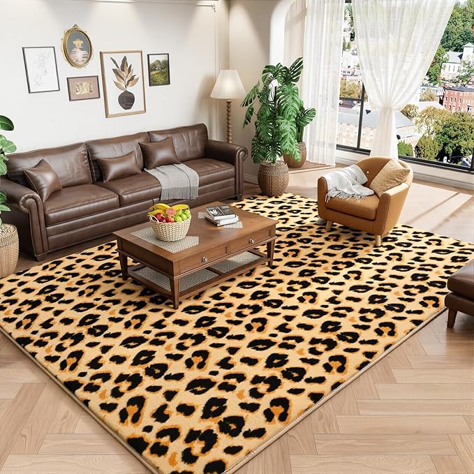 Amearea Soft Leopard Rugs for Bedroom Living Room, 6x9 Modern Cheetah Print Thickened Memory Foam Rug, Fluffy Indoor Washable Animal Rugs Carpet for Kids Boys Girls Dorm Nursery Room Decor, Khaki