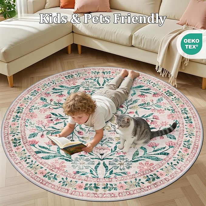 Round Area Rug for Living Room: 6 ft Floral Washable Circle Rug Soft Boho Non-Slip Carpet Indoor Stain Resistant Low Pile Small Circular Rug for Bedroom Entryway Kitchen Nursery Home Office Pink Green