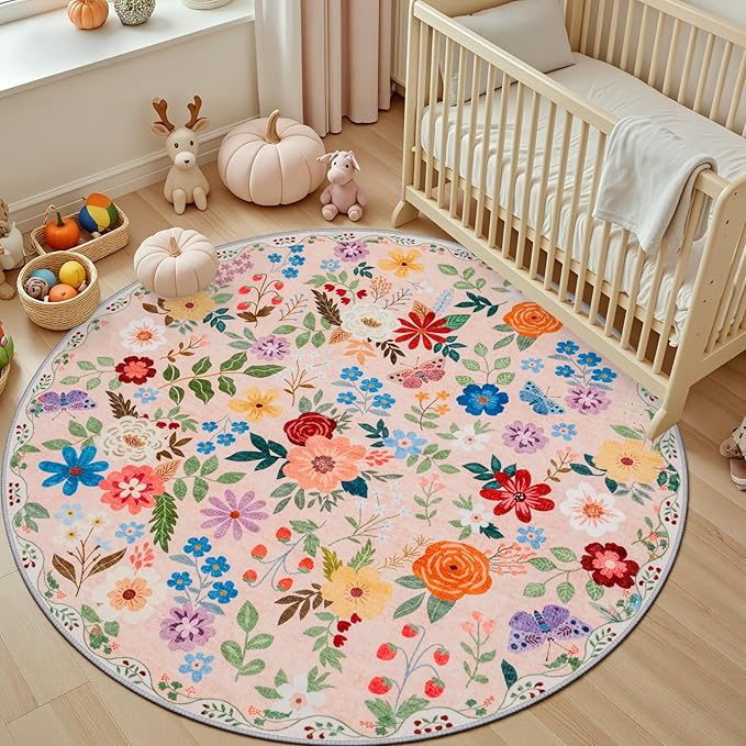Round Area Rug for Living Room: 4 ft Floral Washable Circle Rug Soft Boho Non-Slip Carpet Indoor Stain Resistant Low Pile Small Circular Rug for Bedroom Entryway Kitchen Nursery Home Office Beige
