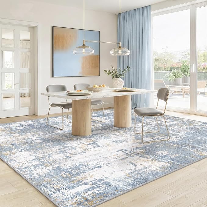 Washable Area Rugs 8'x10' Non-Slip Modern Abstract Soft for Living Room Entryway Bedroom Nursery, Print Pattern, Light Blue
