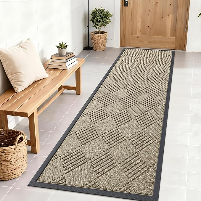 OLANLY Front Door Mat Outside Entrance 71x23, Absorbent, Heavy Duty Sturdy Natural Rubber Doormat Indoor Outdoor, Stain and Fade Resistant, Non-Slip Low Profile Floor Mat for Entryway, Beige Diamond