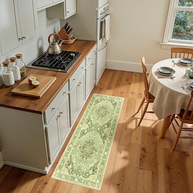 Area Rugs 2'x5' Runner Rug Non Slip Washable for Kitchen Hallway Bedroom Beside Laundry Room Bathroom Rug, Floor Carpet, Sage Green Yellow