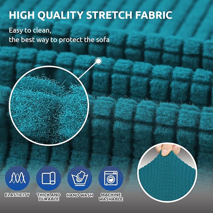 KEKUOU Stretch Loveseat Sofa Cover Slipcover,Couch Covers for 2 Cushion Couch Sofa (55"-78") Furniture Protector Sofa with Elastic Bottom for Kids,Dog. Jacquard Small Checked (Medium,Peacock Blue)