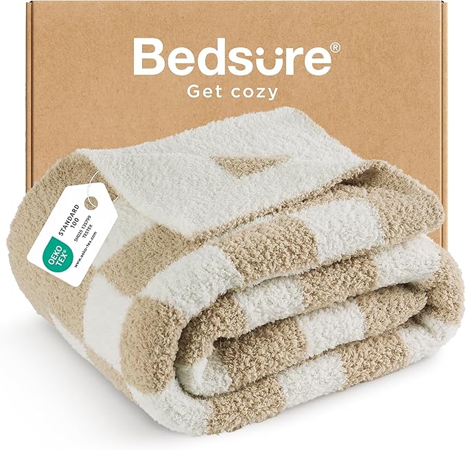 Bedsure GentleSoft Cozy Soft Throw Blanket for Couch, Beige Checkered Fluffy Blanket, Lightweight Warm Knit All Season Throw Blankets for Bed Sofa, Birthday, for Women, 50x60 Inches