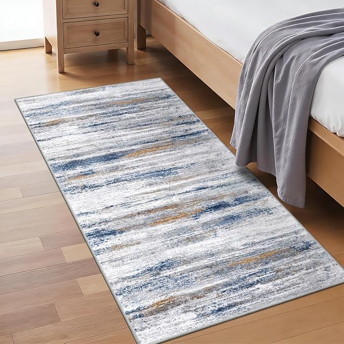 2x4 Washable Entryway Runner Rugs: Easy-to-Clean Runners for Hallway Bedroom - Stain and Water Resistant Rug with Non-Slip Backing - Soft Low-Pile Door Mat Kitchen Carpet Navy Grey