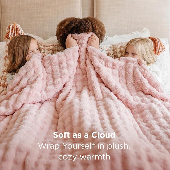 Bedsure 3D Fleece Bubble Blanket - GentleSoft Pink Queen Blanket for Bed Sofa Girls Room Decor - Luxury Soft Cozy Spring Gifts for Kids Girls, Lightweight, Crystal Pink, 90"×90"