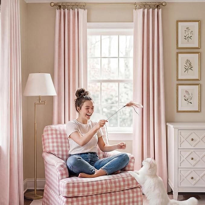 RYB HOME Pink 100%Blackout Linen Curtains for Girl's Room W52 x L96, Thermal Insulated &Privacy Assurd Curtains for Bedroom/Nursery/Living Room, Rod Pocket&Back Tab Drapes Boho Vintage Style, 2 Panels
