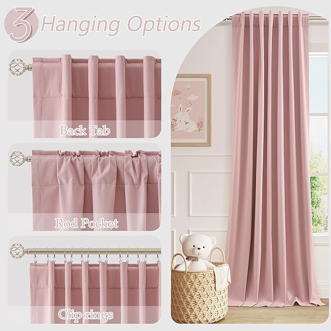 Guken 100% Blackout Linen Curtains 90 Inch 2 Panels Set for Girl's Bedroom, Living Room, Nursery, Back Tab Thermal Insulated Black Out Drapes Room Darkening, Pink