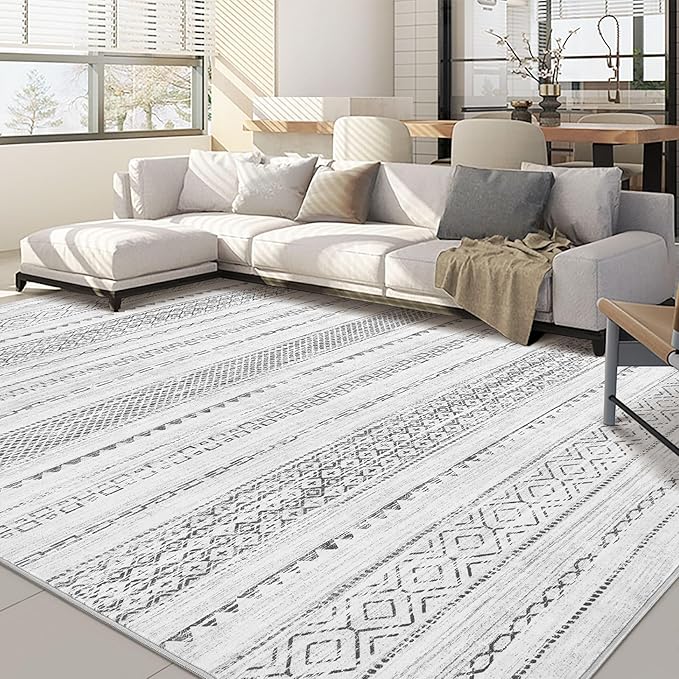 Nakagishi 10x12 Area Rug Living Room: Washable Boho Large Neutral Modern Soft Stain Resistant Farmhouse Indoor Floor Rug Non Slip Accent Carpet for Bedroom Nursery Kids Playroom Office- Gray