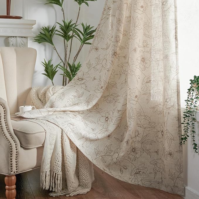 jinchan Floral Linen Curtains for Living Room 63 Inch Length Taupe Flower Curtain Rod Pocket Back Tab Farmhouse Curtains with Printed Floral Bedroom Window Curtain Set, 2 Panels Taupe