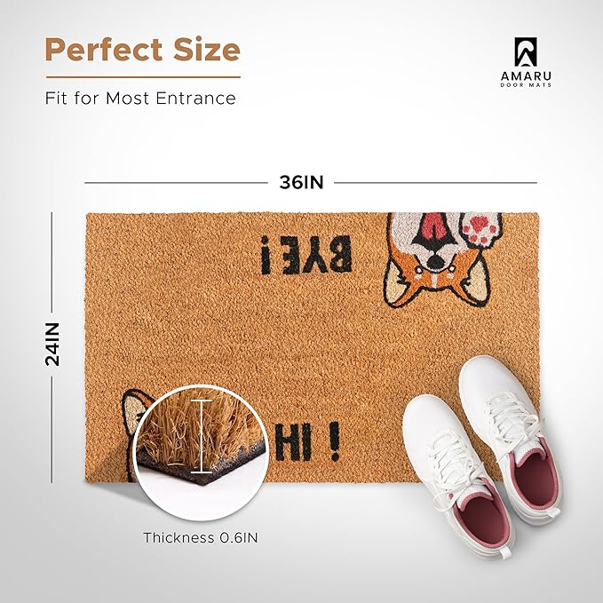 Hi-Bye Dog - 24"x36" - Coir Door Mat with Heavy Duty Backing - Welcome Mats for Entryway, Porch - Anti-Slip PVC & Coconut Fiber Surface - Natural Home Accessories, Minimalist Original Design