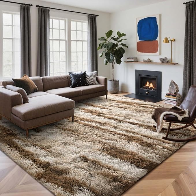 4x6 Ft Shag Area Rug for Bedroom Living Room, Tie-Dyed Ultra Soft Fluffy Furry Rugs for Indoor Floor, Aesthetic Carpet for Kids Home Decor (Khaki)