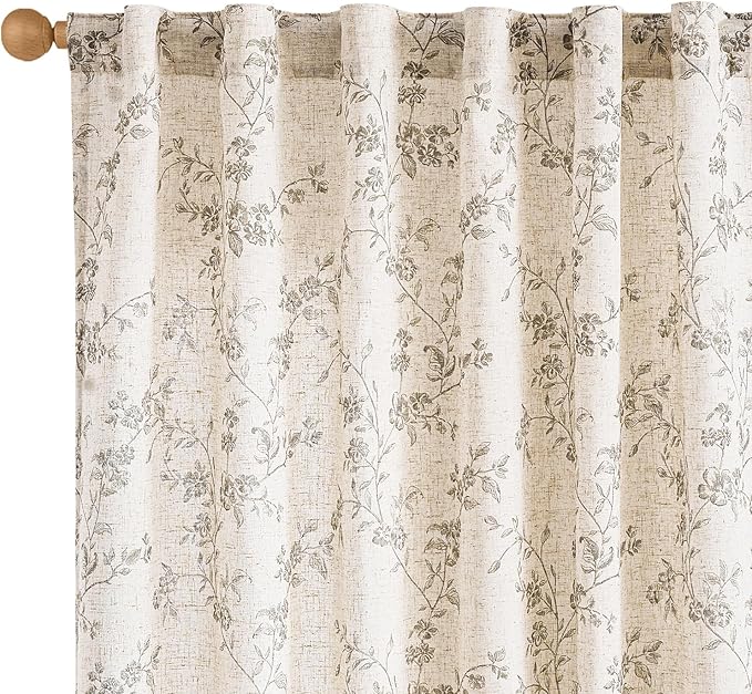 Lazzzy Farmhouse Linen Curtains Extra Long Gray Floral Curtains 108 Inch Long Back Tab Drapes for Living Room Bedroom Light Filtering Country Vintage Rod Pocket, 2 Panels, Grey on Beige