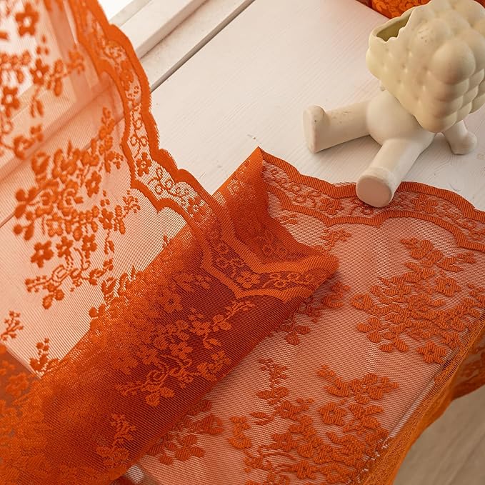 YJ YANJUN Vintage Lace Curtains 102 Inches Long-Rust Retro Floral Burnt Orange Sheer Curtain Panels for Home Office Patio Sliding Door, Rod Pocket, Boho Halloween Fall Decor 2 Panels 52W x 102L