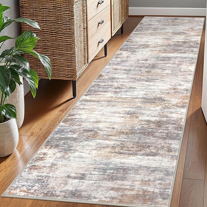 KOZYFLY Modern Abstract Hallway Runner Rug, 2.6x8 Washable Rug Runner Non-Slip Soft Striped Kitchen Runner Rugs, Print Multi Grey/Orange Carpet Runner for Entryway Bathroom