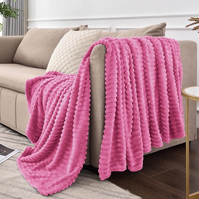 BEDELITE Fleece Throw Blanket for Couch – 3D Ribbed Jacquard Soft and Warm Decorative Fuzzy Blanket – Cozy, Fluffy, Plush Lightweight Hot Pink Throw Blankets for Bed, Sofa, 50x60 inches