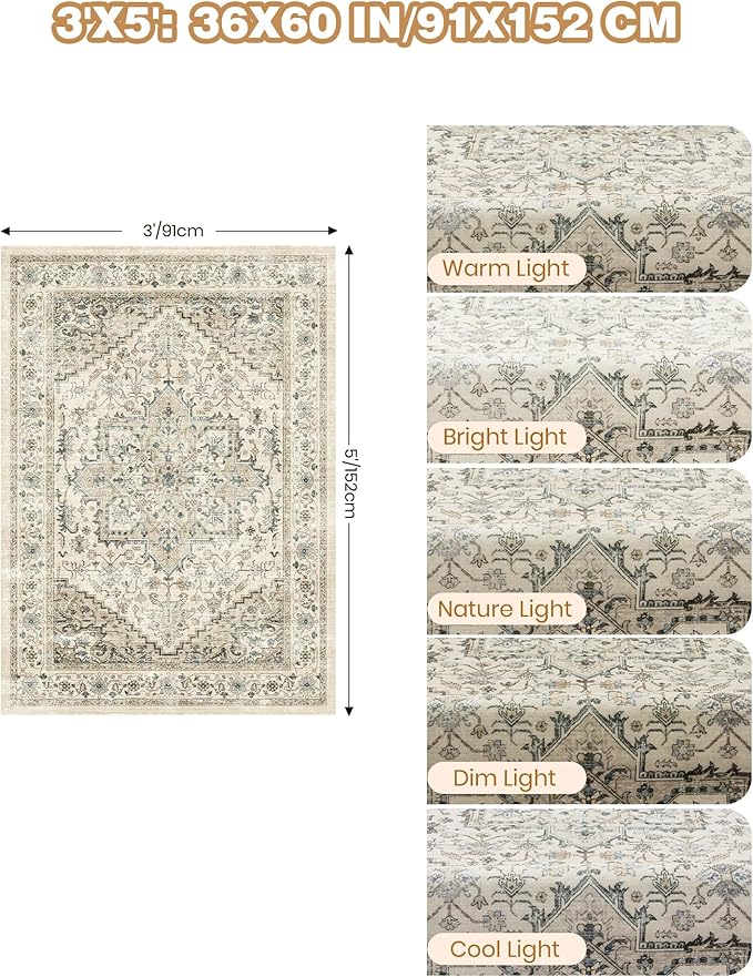 3x5 Area Rugs for Entryway, Kitchen Rugs Non Slip Washable for Dining Room, Vintage Floral Soft Living Room Area Rug, Thin Rug Indoor for Bedroom, Kids Room Decor(Brown,3x5)