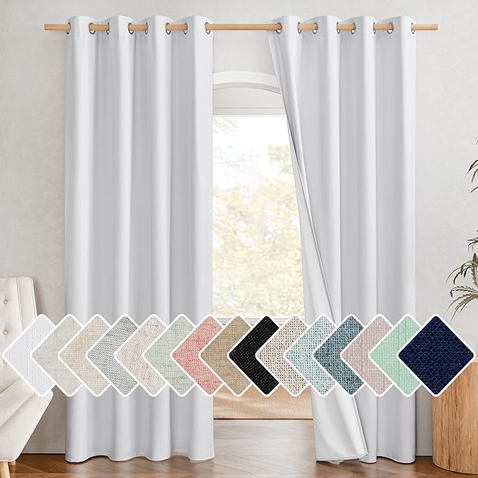 NICETOWN 100% Absolutely Blackout Linen Curtains with Thermal Insulated White Liner, White, 52 inches Wide, 84 inches Length Energy Saving Curtains for Living Room 2 Panels Set, Vertical Blinds