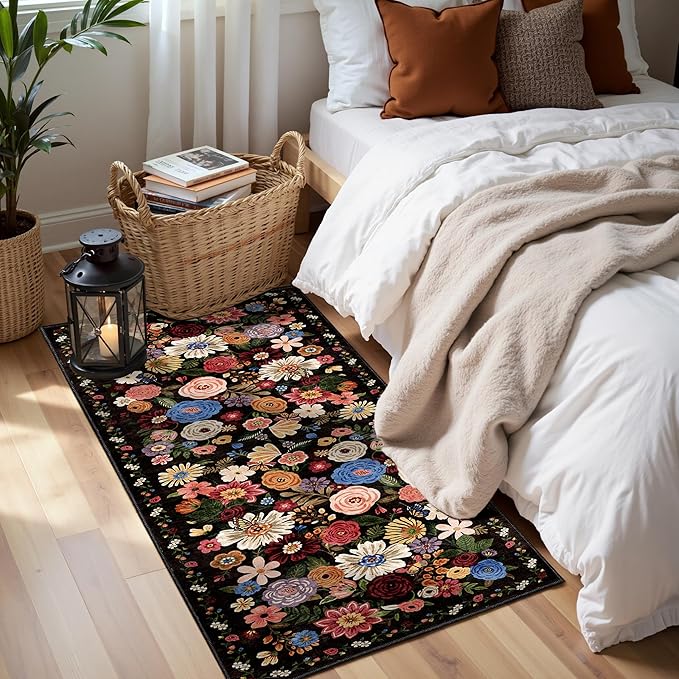 2x5 Entryway Runner Rugs, Non Slip Washable Rugs with Rubber Backing Soft Floral Carpet Runner for Kitchen, Laundry, Bedroom, Bathroom(2 x 5, Black/Brown)