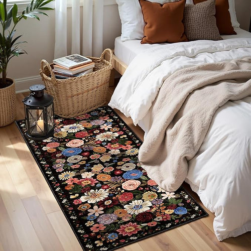 2x5 Entryway Runner Rugs, Non Slip Washable Rugs with Rubber Backing Soft Floral Carpet Runner for Kitchen, Laundry, Bedroom, Bathroom(2 x 5, Black/Brown)