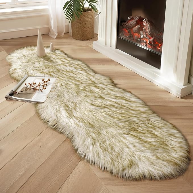 Ciicool Ultra Soft Faux Sheepskin Fur Rug Fluffy Rug for Bedroom Fuzzy Carpet for Living Room Kid's Room Nursery Decor, White Gradient Dark Green 2 x 6 Feet