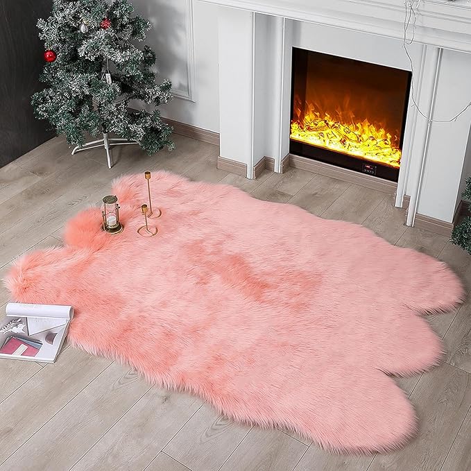 linmopm Faux Fur Rug Sheepskin Shag Fluffy Fuzzy Pink 4x6 ft Rugs for Bedroom Bedside Bed Floor Living Room Plush High-Density Cushion Carpet Super Sofa Cover