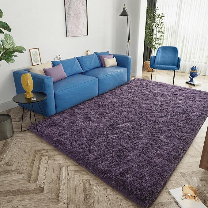 LOCHAS Ultra Soft Indoor Modern Area Rugs Fluffy Living Room Carpets for Children Bedroom Home Decor Nursery Rug 4x5.3 Feet,Grey Purple