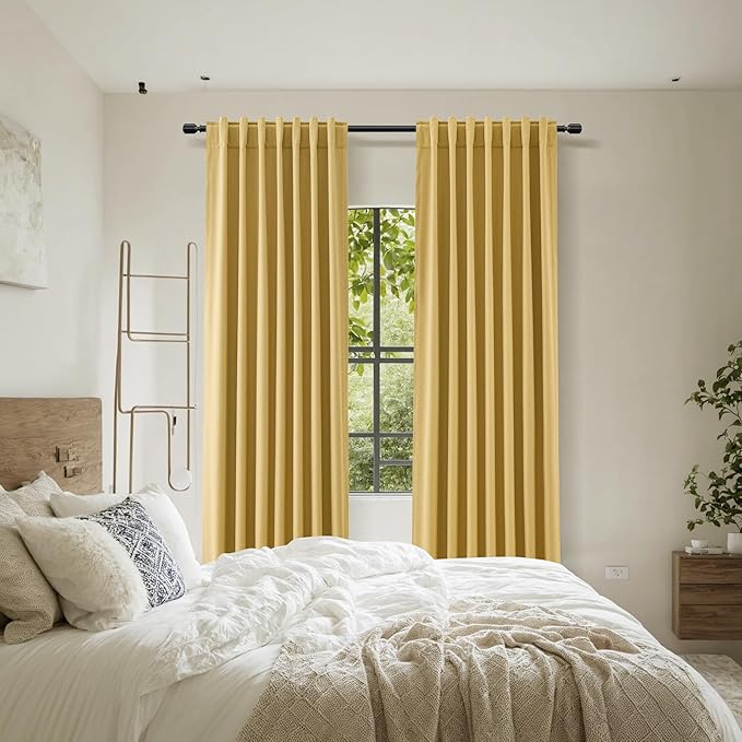 Guken 100% Blackout Curtains 72 Inch Length 2 Panels Set for Living Room Bedroom Back Tab Thermal Insulated Black Out Linen Drapes Room Darkening Window Curtains 72 Inches Long,Gold
