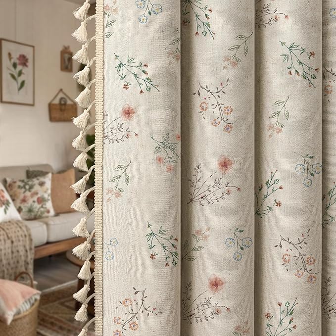Farmhouse Floral Curtains 96 Inches Long 100% Blackout Living Room Drapes, Linen Blend Bohemian Window Curtain Panels with Tassel Bedroom 2 Panels Thermal Insulated Room Darkening