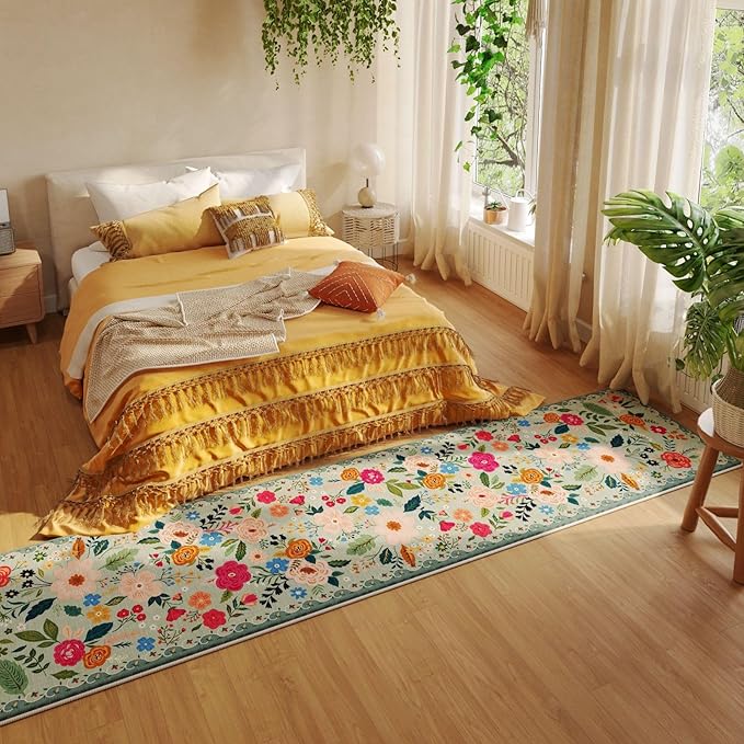 Rugcomf Washable Kitchen Runner 2'7"x12' - Floral Long Hallway Runner Rug Non Slip, Boho Carpet for Entryway, Hall, Bathroom - Green