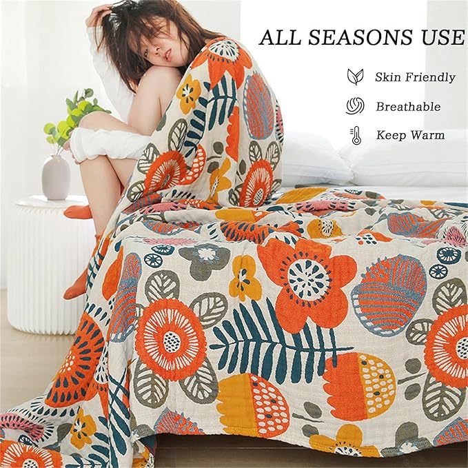 Throw Blanket Queen Size Fall Blanket for Couch Bed 80''x90'',100% Cotton Woven Muslin Blankets Travel Soft Warm Mexican Blankets Boho Quilt Home Decor for Women