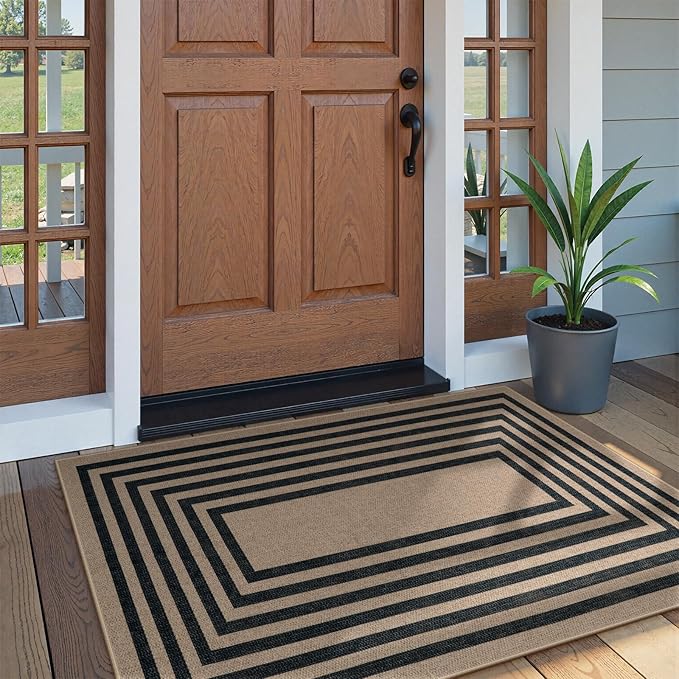 Lahome Enfys Modern Geometric Easy Jute Outdoor Rug, 3x5 Black Washable Kitchen Rugs for Bedroom Thin Non Slip Indoor Door Mat, Non Slip Farmhouse Carpet for Office Patio