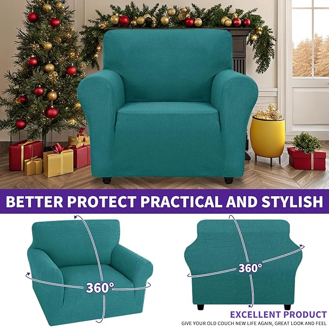 ZNSAYOTX Super Stretch Chair Slipcover Universal Sofa Chair Covers for Living Room Dogs Pet Furniture Protector Spandex Armchair Slipcovers with Anti Slip Foam Sticks (Peacock Teal, Chair)