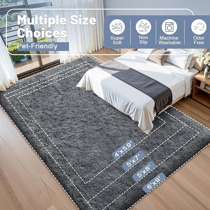 OLANLY 5x11 Machine Washable Large Area Rugs for Living Room, Bedroom, Soft Fluffy Shaggy Bedside Rug, Indoor Floor Carpet for Kids Girls and Boys, Dorms, Nursery, Home Decor Aesthetic, Grey