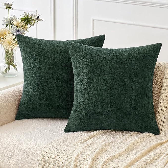 MIULEE Pack of 2 Green Throw Pillow Covers 18x18 Inch Soft Chenille Pillow Covers for Sofa Living Room Couch Solid Dyed Cases