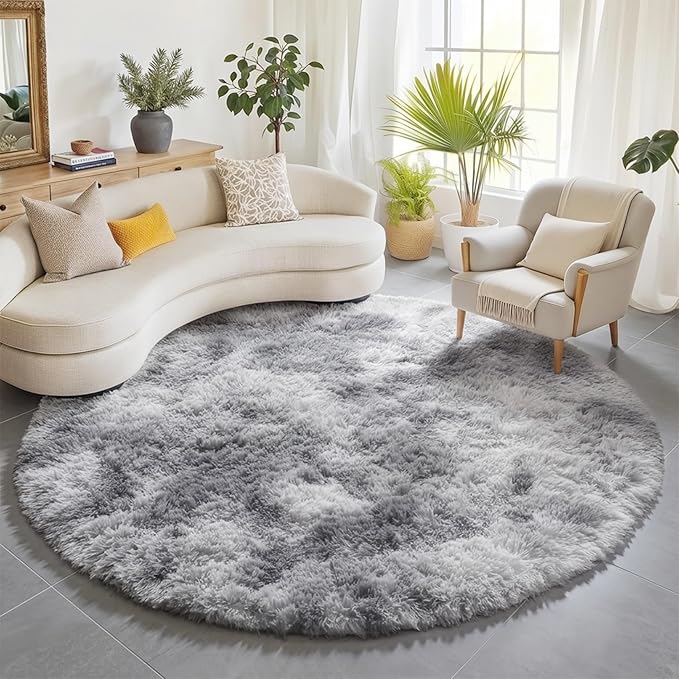 ONASAR Tie-Dyed Light Grey Round Area Rugs 6ft, Ultra Soft Bedroom Circle Rug for Kids Girls Boys Teen Room, Fluffy Plush Shaggy Carpet Floor Mats for Dorm Nursery Living Room Playroom Home Decor
