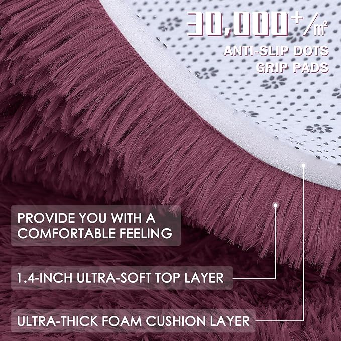 OLANLY Burgundy Round Rugs for Bedroom - Machine Washable, 3 ft Circle Area Rugs for Living Room, Soft and Fluffy Shaggy Carpet for Teen Girls and Boys, Nursery Rooms, Dorms, Home Decor Aesthetic