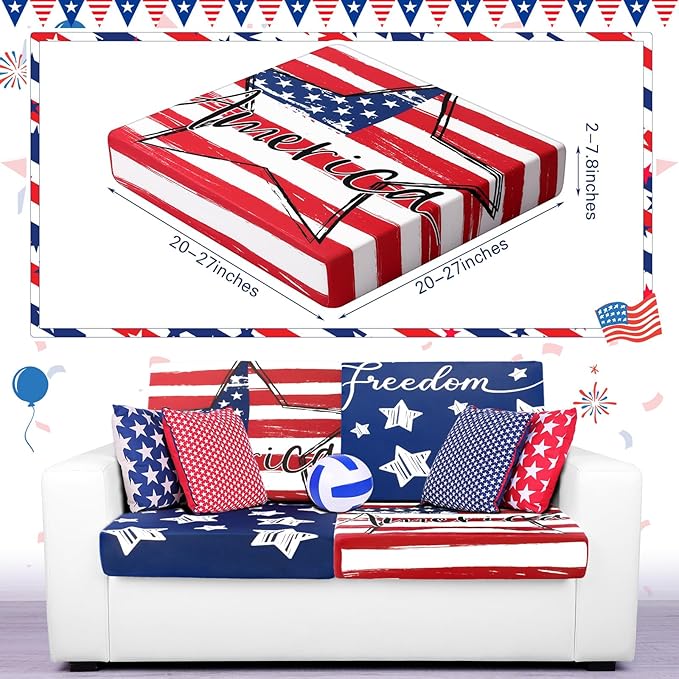 Newwiee 8Pcs Patio Cushion Covers Stretch Outdoor Cushion Cover Replacement for Patio Furniture Sofa Couch Slipcovers, Soft Flexibility Washable Furniture Protector(Independence Day,Classic Color)