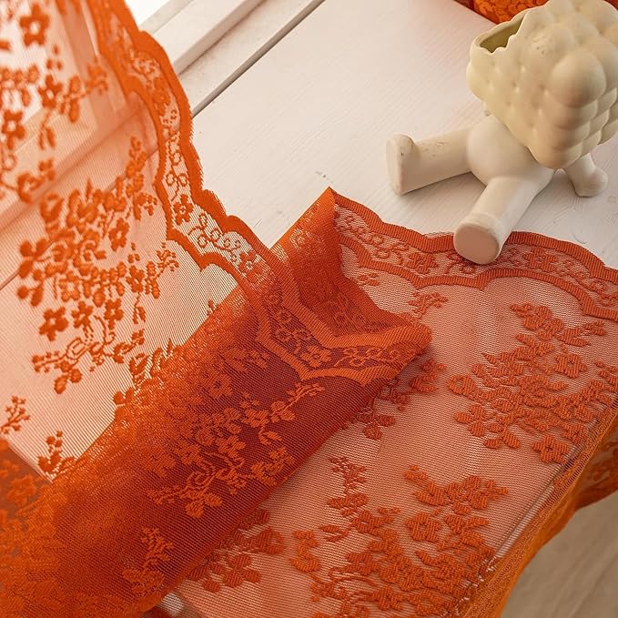 YJ YANJUN Vintage Lace Curtains 45 Inch Length- Burtnt Orange Fall Kitchen Curtains for Small Window Privacy Rustic Floral Short Boho Sheer Panels for Bathroom Living Room RV 2 Panels 52x45 Orange
