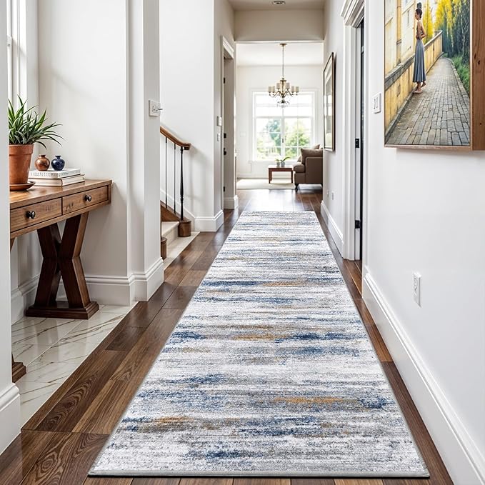 Washable Hallway Runner Rug for Home: Extra Long Runners for Entryway Living Room Dining Room - Stain and Water Resistant Rugs with Non-Slip Backing - Soft Low-Pile Carpet 2'6''x14' Navy Grey