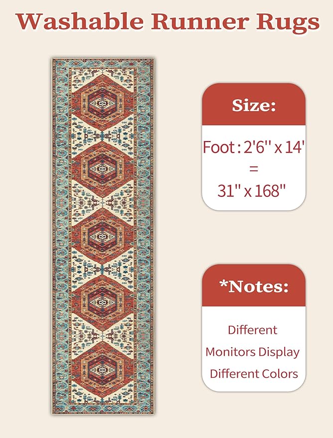 SERISSA Runner Rug for Hallways, 2'6"x14' Washable Non Slip Kitchen Runner Rug, Extra Long Boho Rug Ultra Soft Vintage Orange Print Floor Carpet for Bedroom Hallway Entryway Bathroom Laundry Room